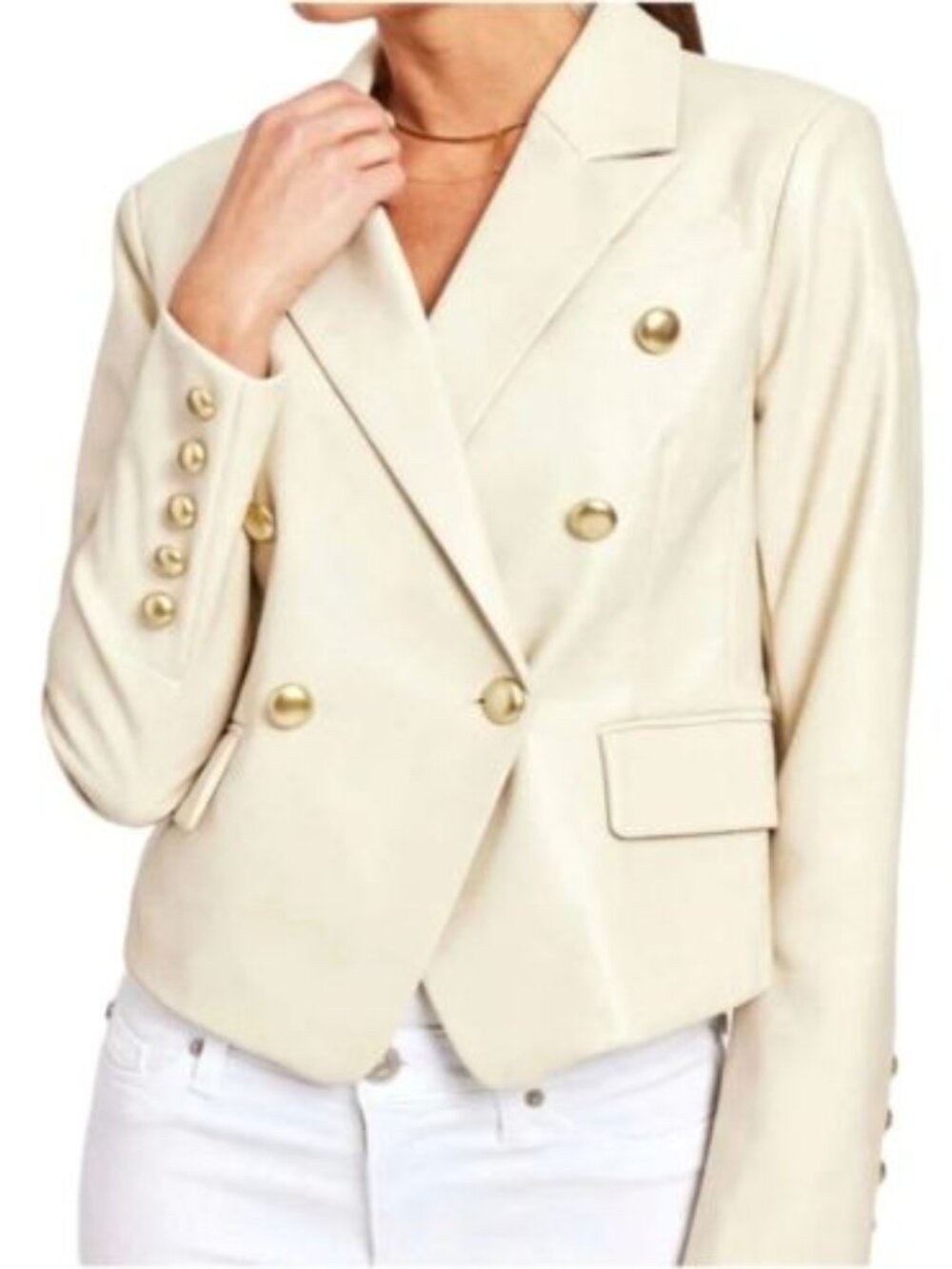 7 For All Mankind Women's Cream Faux Leather Blazer with Gold Buttons